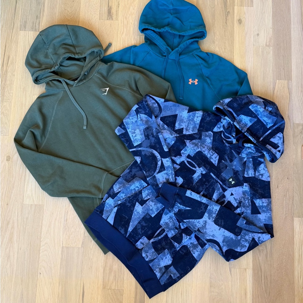 Lot of 3 Size Small Men’s Hoodies, Under Armor, Gym Shark